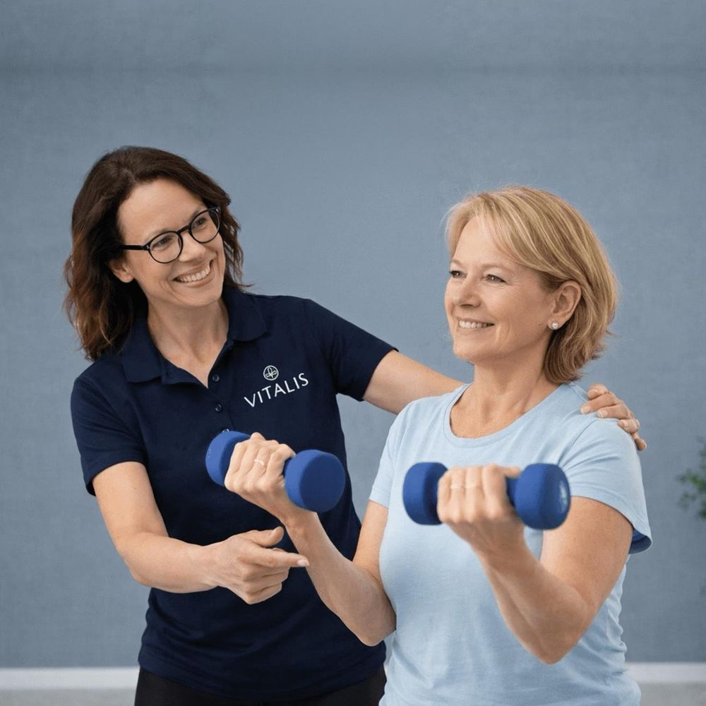 Eine VITALIS-Trainerin korrigiert lächelnd die Haltung einer Frau beim Training mit Kurzhanteln