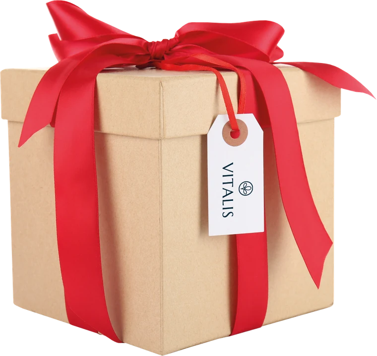 Geschenkbox mit roter Schleife und VITALIS-Anhänger