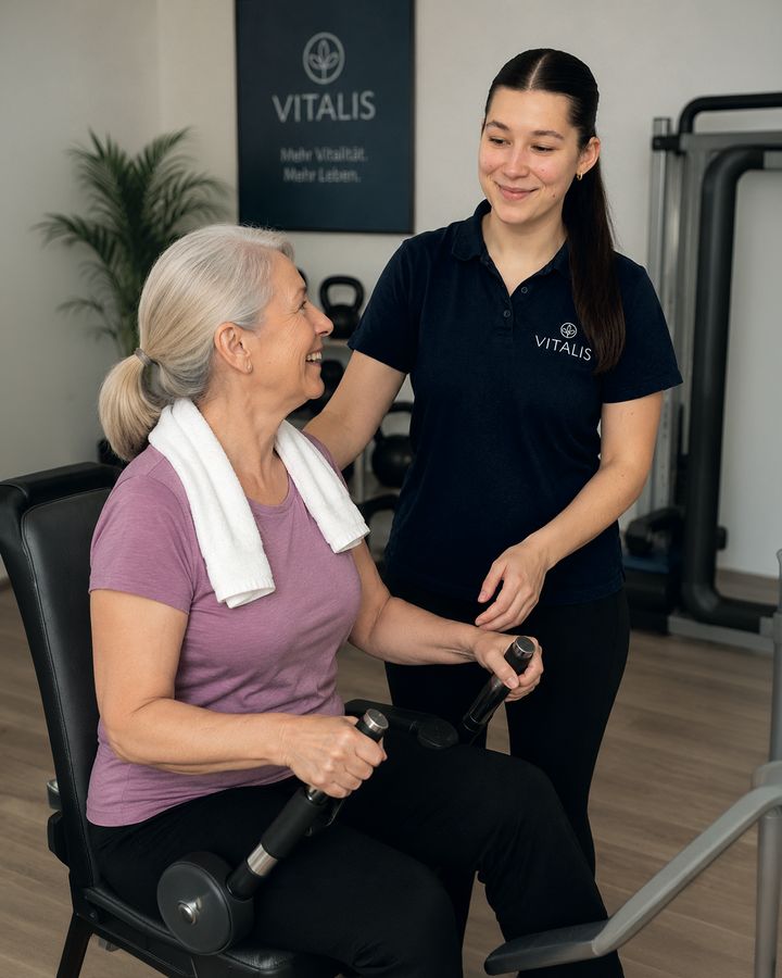 Eine VITALIS-Trainerin begleitet eine lachende Frau beim Gerätetraining
